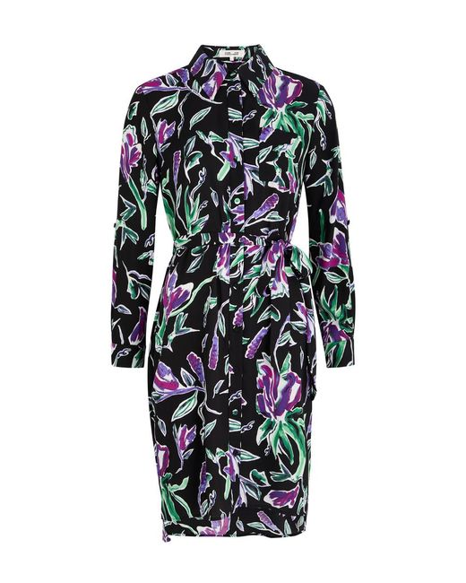 Diane von Furstenberg Black Prita Printed Crepe Shirt Dress