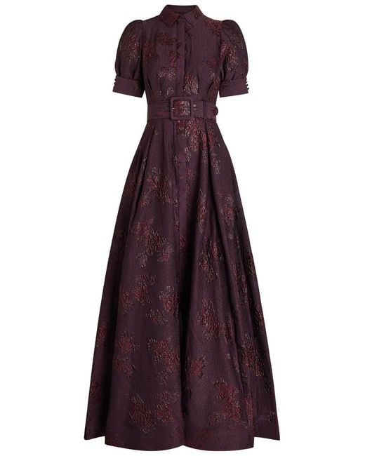 Rebecca Vallance Purple Afina Floral-Brocade Cloqué Gown