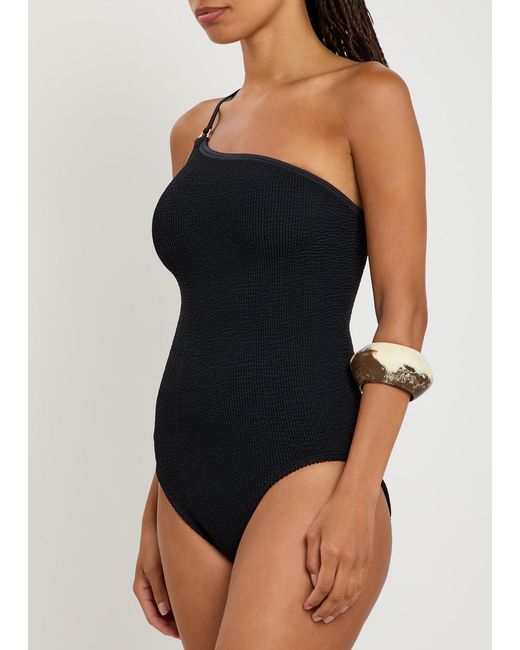Hunza G Black Clara One-Shoulder Crinkle Swimsuit