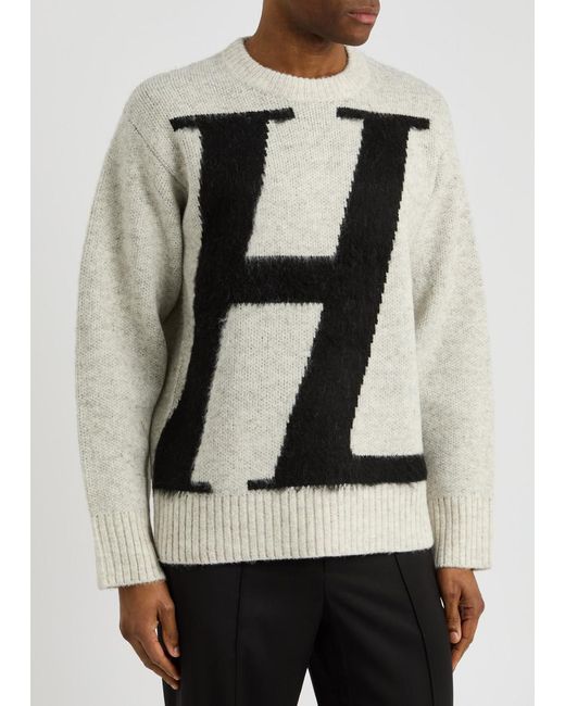 Helmut Lang White Logo-Intarsia Knitted Jumper for men