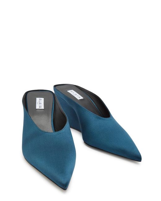 Alaïa Blue 75 Satin Wedge Mules