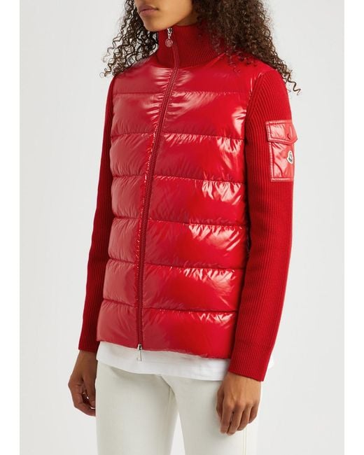 Moncler Red Quilted Shell And Wool Cardigan