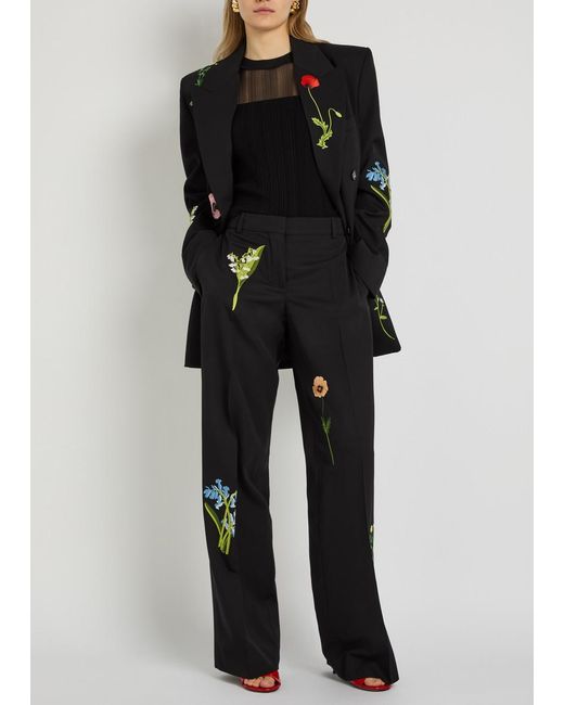 Stella McCartney Black Floral-Embroidered Straight-Leg Trousers