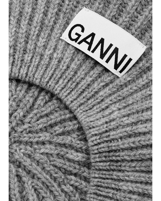 Ganni Gray Ribbed Wool-blend Beret