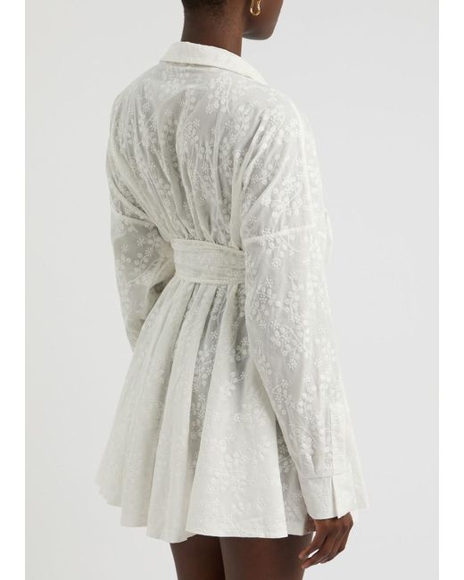 Norma Kamali White Floral-Embroidered Cotton Mini Shirt Dress