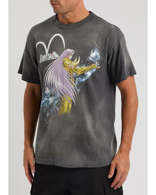 SAINT Mxxxxxx Gray Saint Seiya Printed Distressed Cotton T-Shirt for men