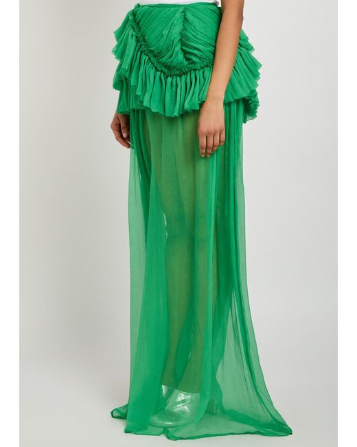 Dries Van Noten Green Shelby Frilled Silk Maxi Skirt