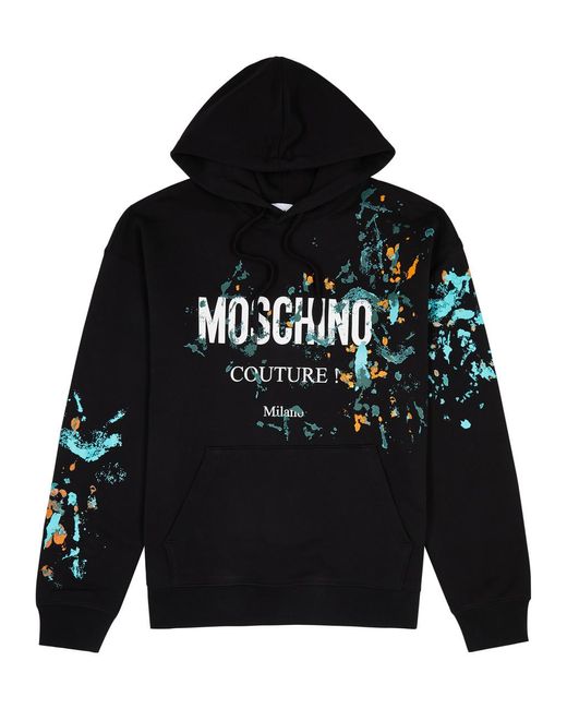 Moschino Black Paint-splatter Logo Hooded Cotton Sweatshirt for men