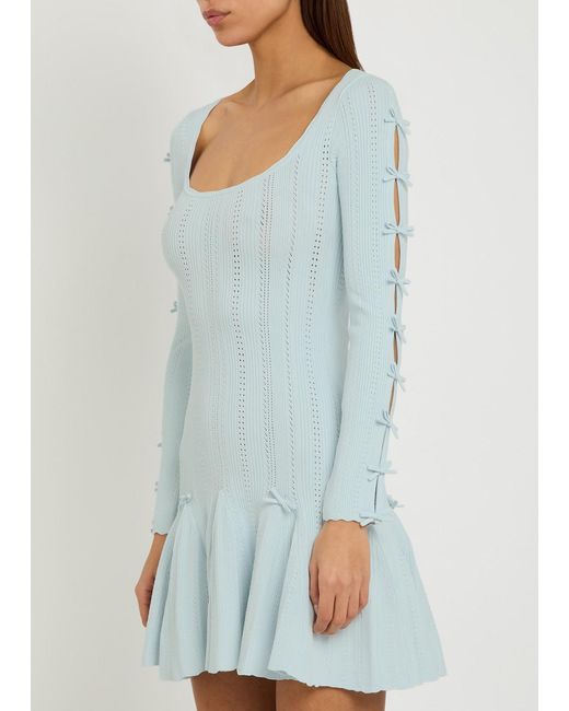 LoveShackFancy Blue Seychelle Bow-Appliquéd Pointelle-Knit Mini Dress