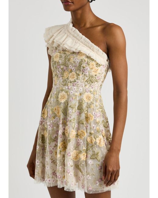 Needle & Thread White Florine One-Shoulder Embroidered Tulle Mini Dress
