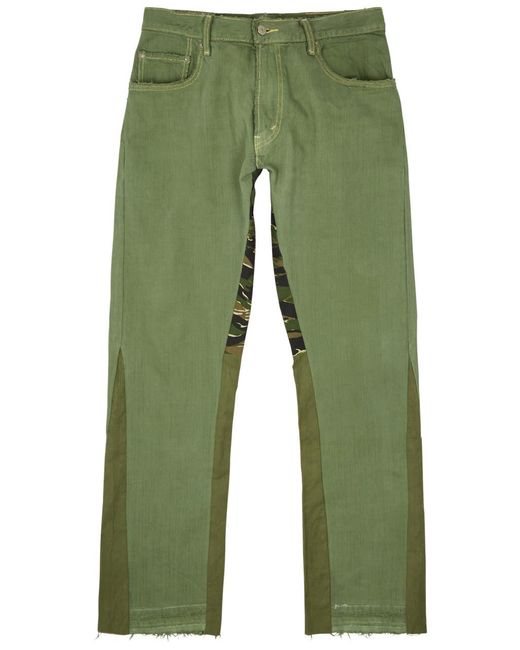 Jeanius Bar Atelier Green Panelled Flared Jeans for men