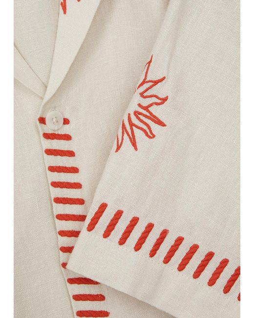Desmond & Dempsey White Helios Embroidered Linen Pyjama Set