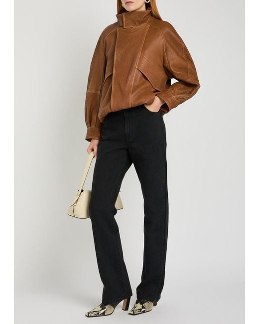 Nour Hammour Brown Ariste Panelled Grained Leather Bomber Jacket