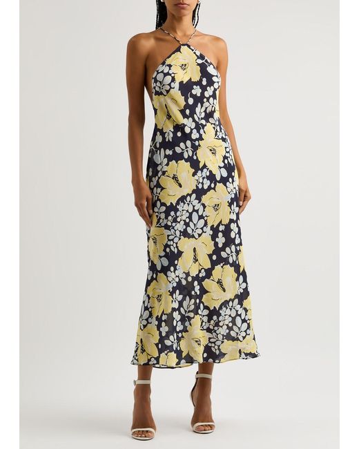 Rixo Yellow Hayley Floral-Print Silk Midi Dress