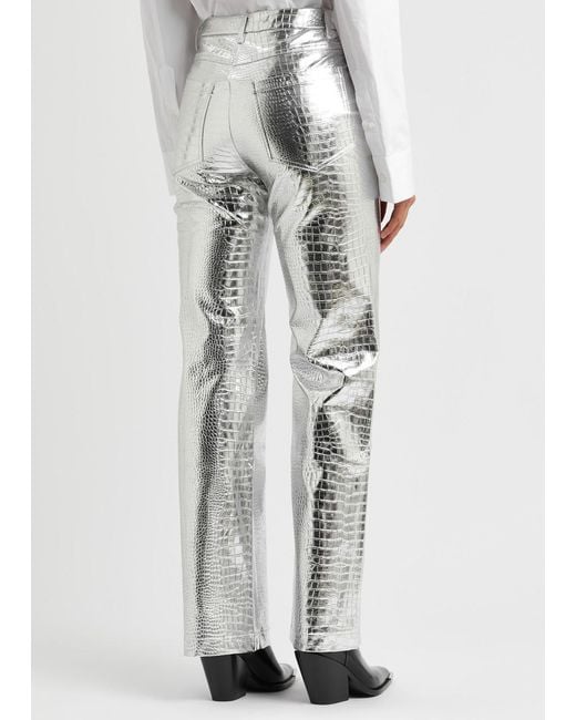 ROTATE BIRGER CHRISTENSEN Gray Crocodile-effect Metallic Faux Leather Trousers