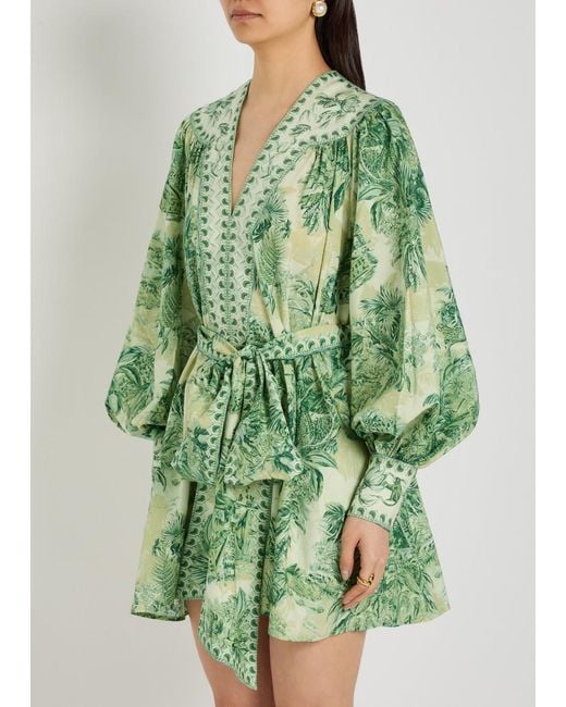 ALÉMAIS Green Sara Printed Cotton And Silk-Blend Mini Dress