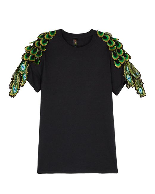 RAGYARD Black Peacock Feather-appliquéd Cotton T-shirt