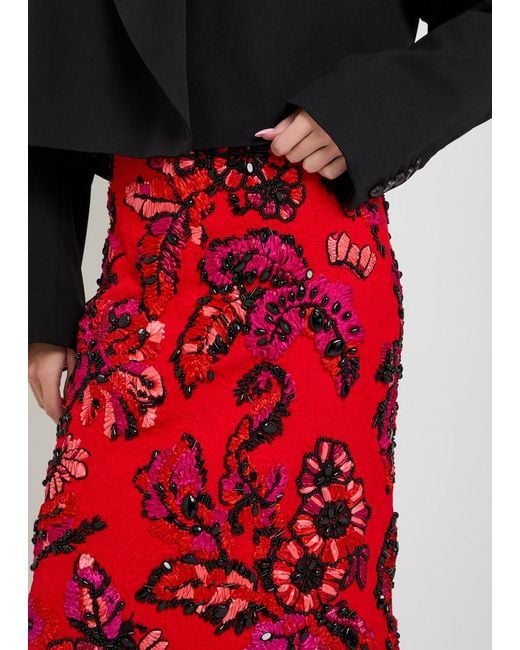 Dries Van Noten Red Summer Floral-Embellished Woven Midi Skirt