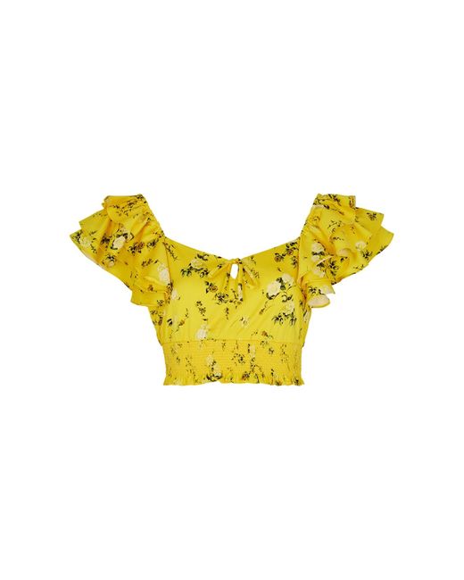 Alice + Olivia Yellow Shanae Floral-Print Cropped Stretch-Cotton Top