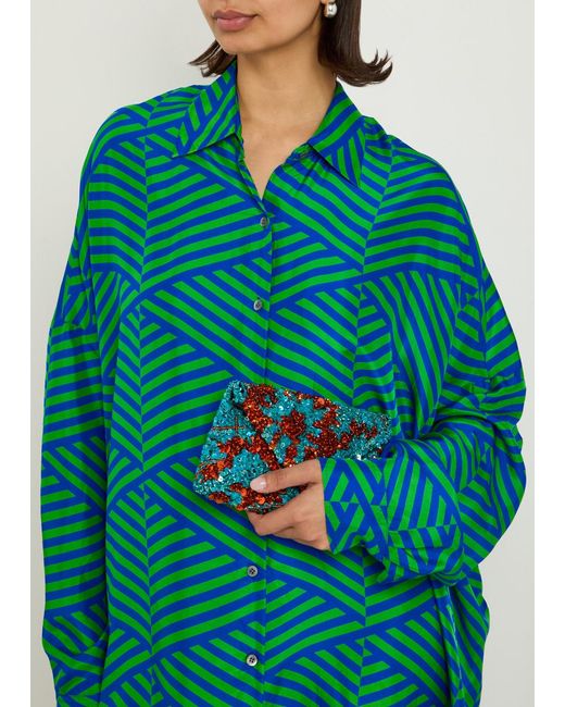 Dries Van Noten Green Dasia Striped Silk Midi Shirt Dress