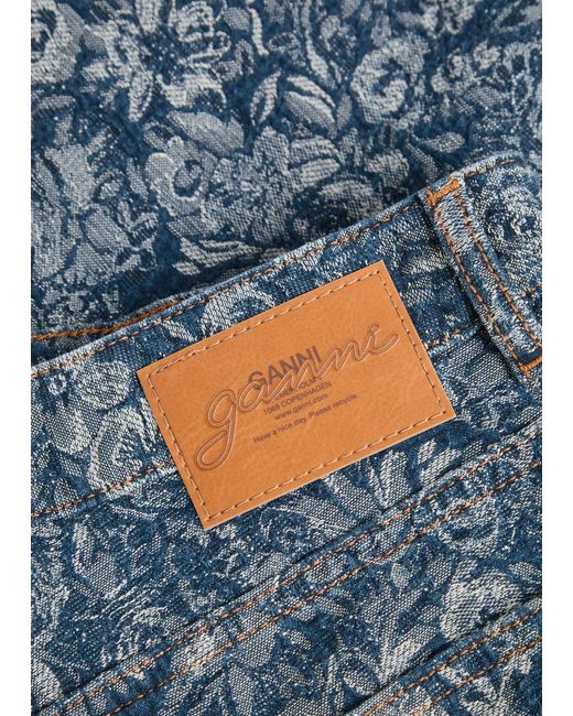 Ganni Blue Betzy Floral-Jacquard Bootcut Jeans