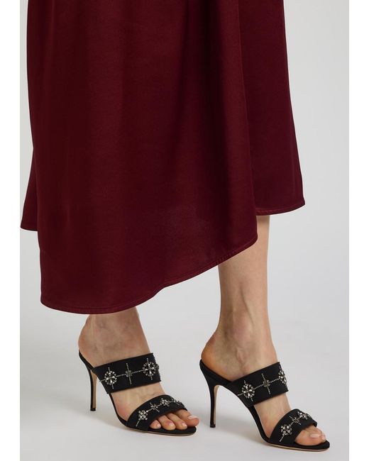 Manolo Blahnik Black Ralota 90 Crystal-Embellished Crepe De Chine Mules