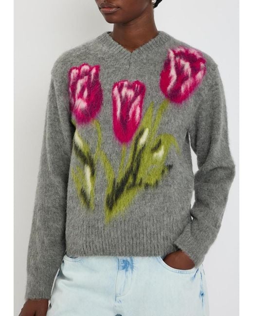 Maison Margiela Gray Floral-Intarsia Brushed Wool-Blend Jumper