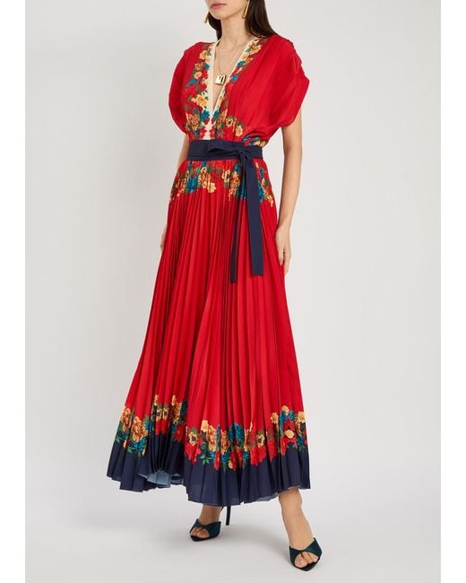 LaDoubleJ Red Accordion Floral-Print Crepe Maxi Dress