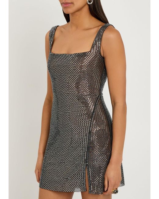 Self-Portrait Brown Rhinestone-Embellished Mesh Mini Dress