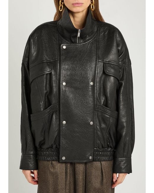 Saint Laurent Black Double-Breasted Grained Leather Jacket