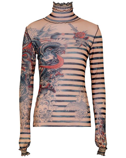 Jean Paul Gaultier Natural Sailor Tattoo Printed Tulle Top