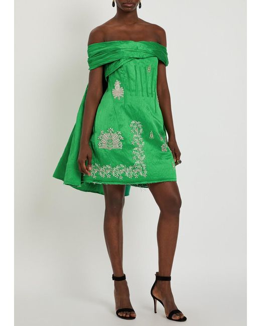 Erdem Green Embellished Off-The-Shoulder Crinkled Satin Mini Dress