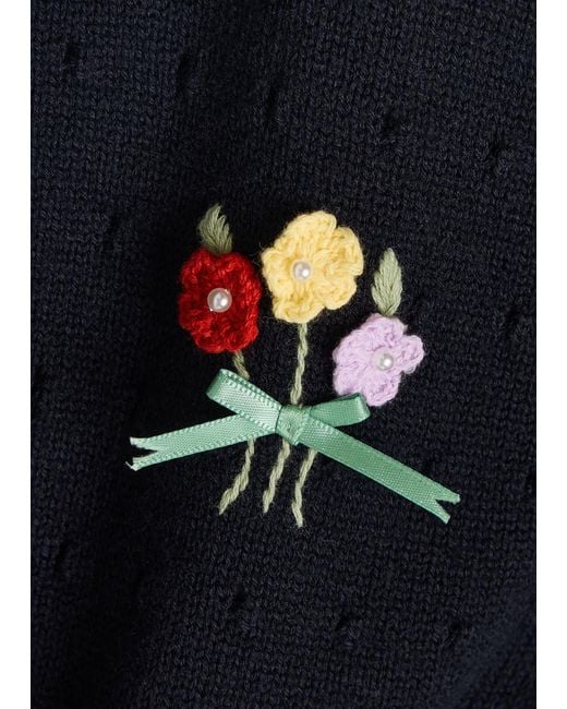 Rixo Blue Merinda Floral-Appliquéd Wool Cardigan