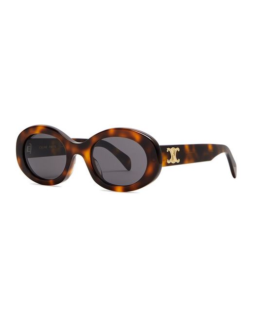 Céline Brown Oval-frame Sunglasses Metal Logo Plaque At Temples, 100% Uv Protection