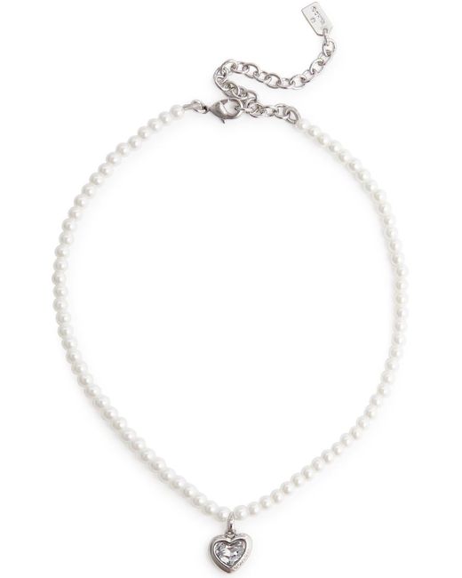 COACH White Crystal-embellished Faux Pearl Heart Necklace