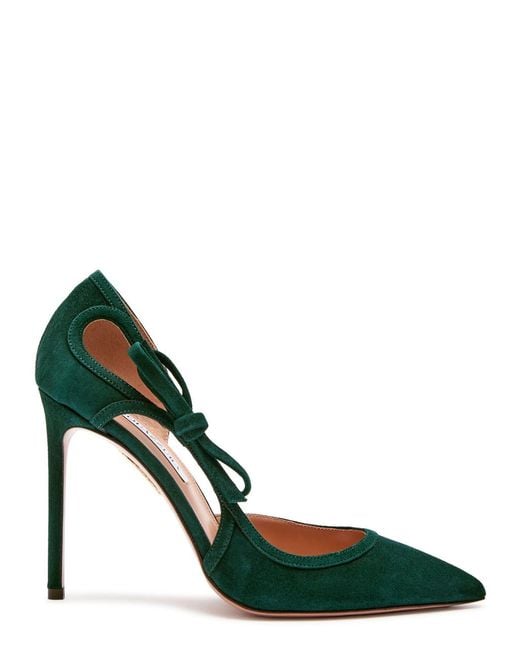 Aquazzura Green Soave 105 Bow-Detailed Cutout Suede Pumps