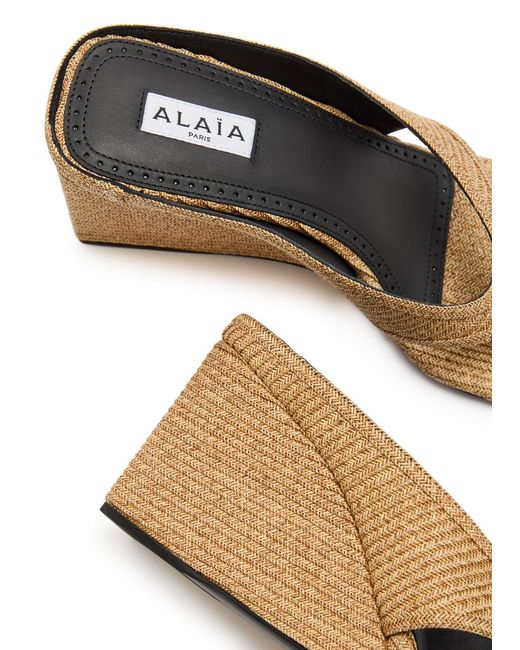 Alaïa Brown Cube 75 Raffia Thong Wedge Mules