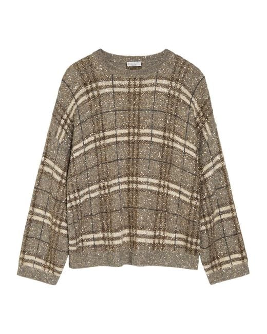 Brunello Cucinelli Natural Checked Embellished Knit Jumper