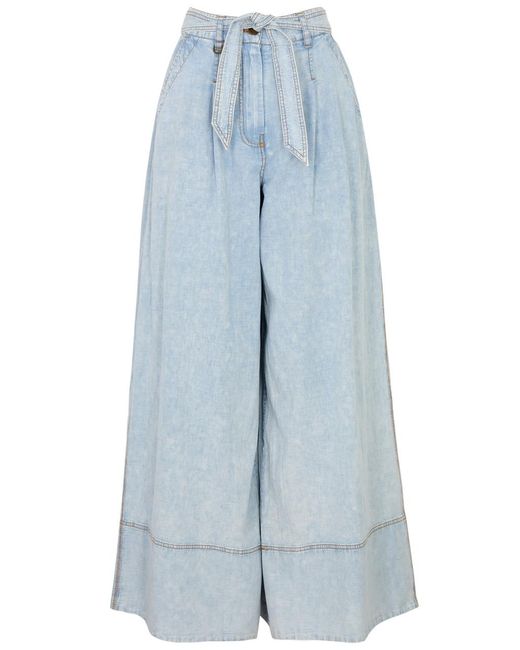 Zimmermann Blue Belted Wide-Leg Chambray Trousers