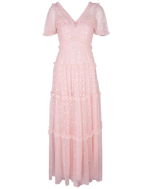 Needle & Thread Pink Thea Embellished Ruffled Tulle Gown