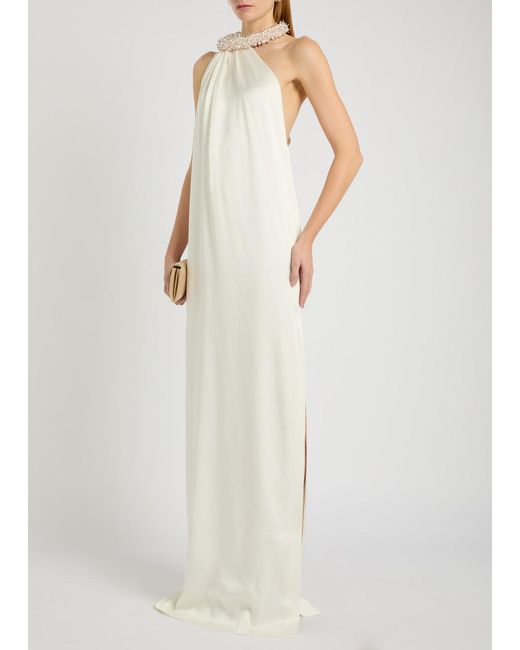 Stella McCartney White Faux Pearl-Embellished Satin Gown