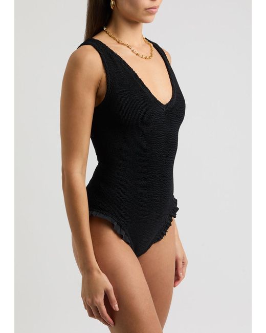 Hunza G Black Lisa Ruffled Seersucker Swimsuit