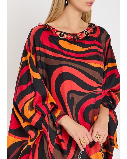 Emilio Pucci Red Embellished Printed Silk-Twill Maxi Kaftan