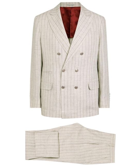 Brunello Cucinelli White Pinstriped Double-Breasted Linen Suit for men