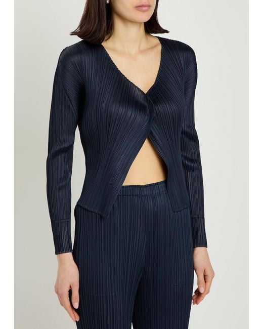 Pleats Please Issey Miyake Blue Pleated Woven Cardigan
