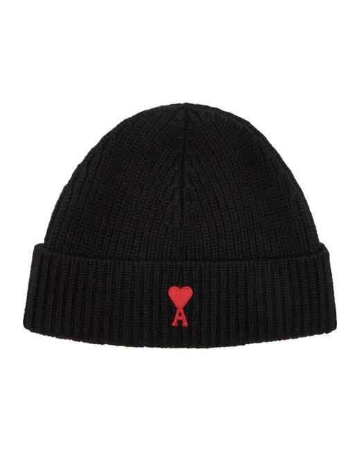 AMI Black Logo-embroidered Ribbed Wool Beanie for men