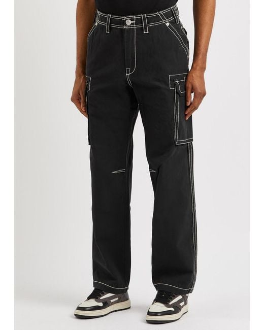 True Religion Black Embroidered Cotton Cargo Trousers for men