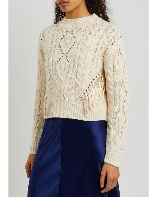 Vince White Fringed Cable-knit Wool-blend Jumper
