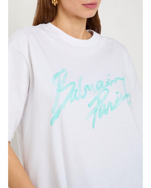 Balmain White Logo-Print Cotton T-Shirt