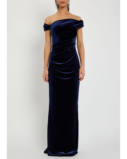 Talbot Runhof Blue Off-The-Shoulder Velvet Gown